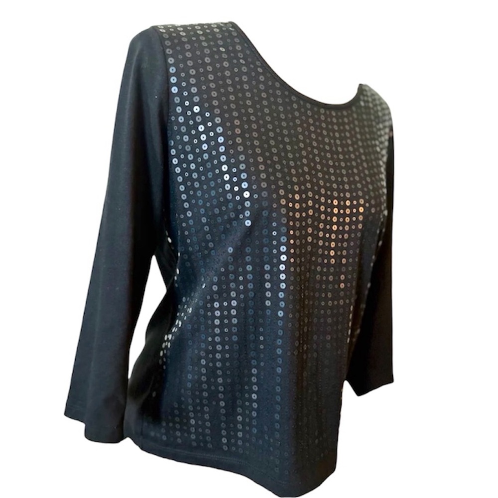 TanJay Petites Sparkly Sequins Black 3/4 Sleeve Top Blouse PS / P